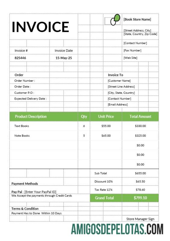 Fatura da livraria modelo